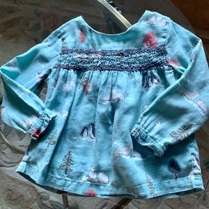 Baby Boden 12-18m Girls’ Smocked Winter Scene Top with Bunnies, Birds, Penguins